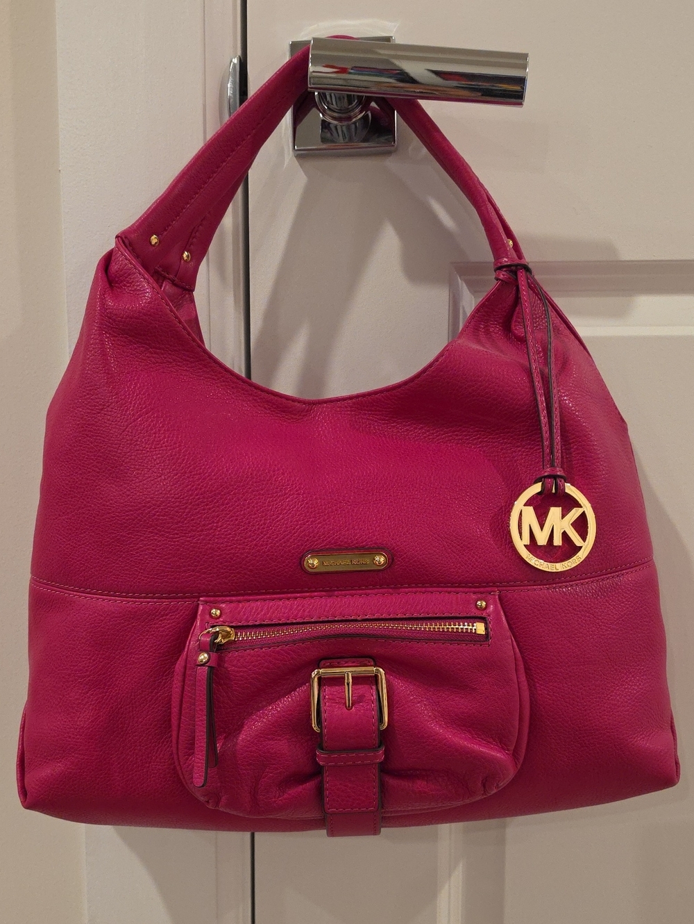 Michael Kors Austin Hobo Pink Pebbled Leather Shoulder Bag with Gold Hardware